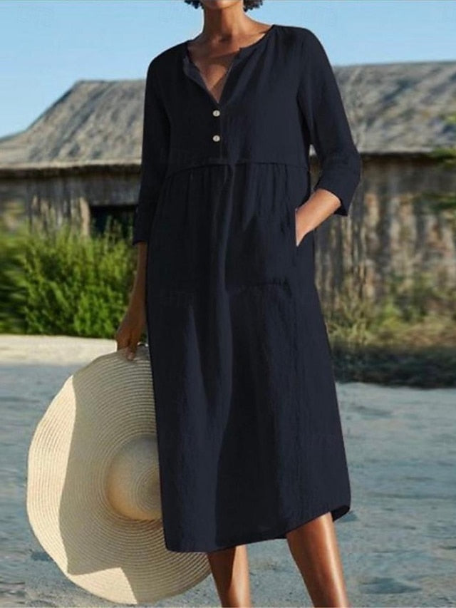Women's Blue Black Pink Summer Spring Midi Dress Faux