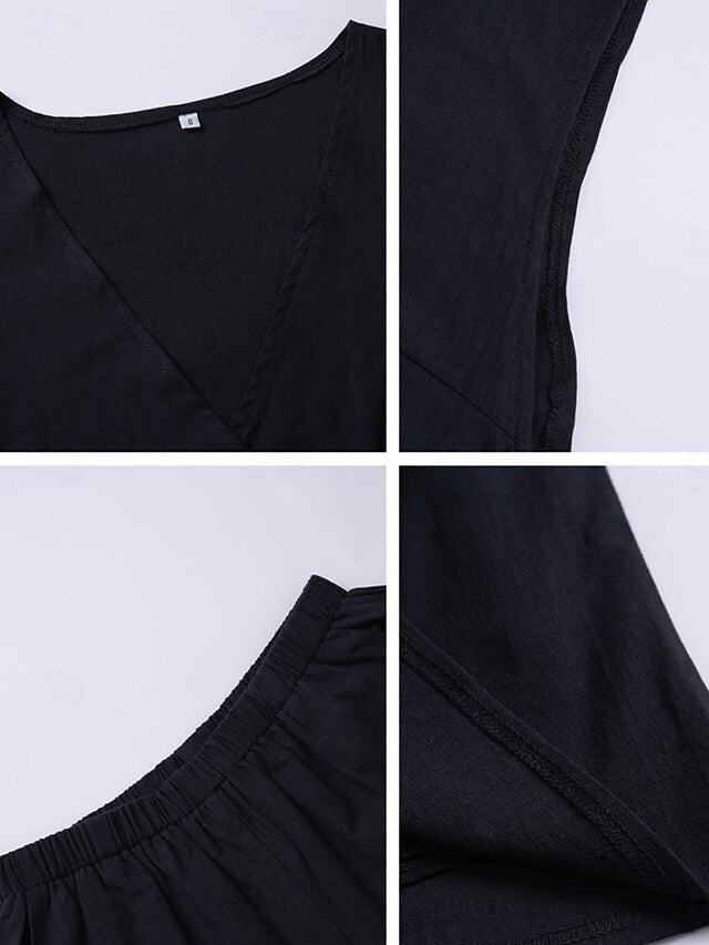 Women's Cotton Linen Sets Shorts Sets Sleeveless V Neck