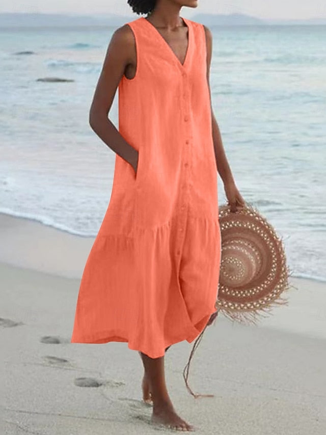 Women's linen like Midi Dress Shift Dress Summer Dress
