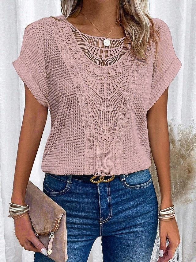 Women's T Shirt Hollow Out Solid Color Elegant Stylish