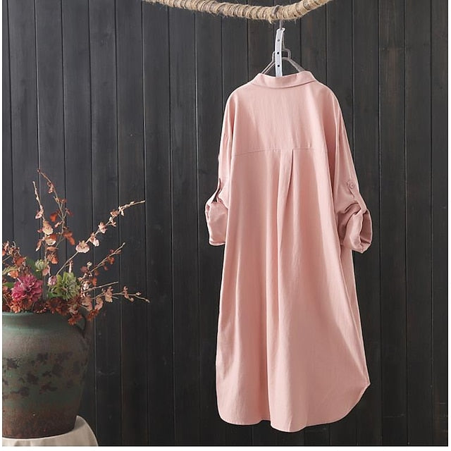 Women's Shirts Faux Cotton Linen Button Up Long Cotton Top