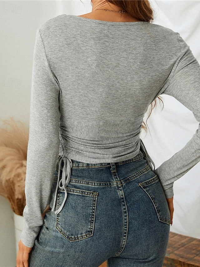 Women's Blouse Ruched Plain Stylish Sexy Long Sleeve V Neck