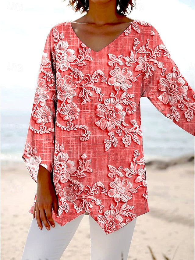 Women's Blouse Long Sleeve Asymmetrical Hem 3D Print Floral
