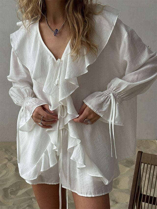 Women's Shirt Blouse Ruched Lace up Ruffle Solid Color