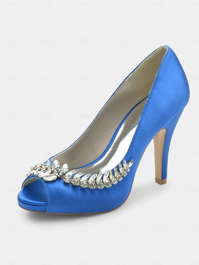 Peep-Toe Embellishment Luxury – Satin Crystal Heels with Blue