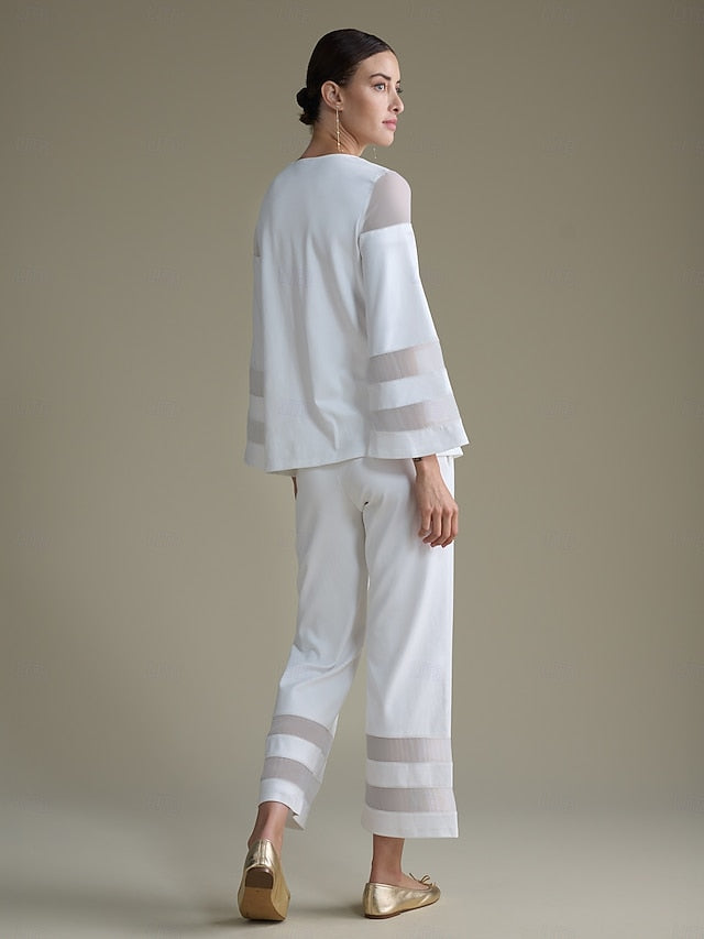 Women's Elegant White Modal Top Fitted with Sheer Chiffon