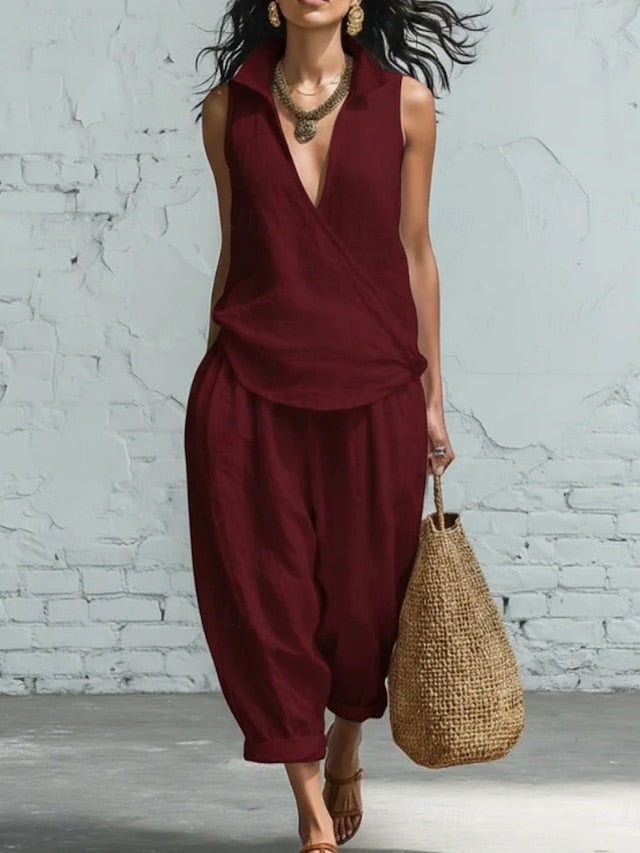Women's Pants Sets Sleeveless V Neck Solid Color Fashion