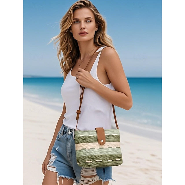 Striped with Bag Colorblock Women's Straw Woven Brown Tote