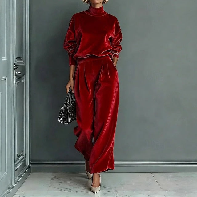 Women's Pants Sets Bolero Top Long Sleeve Turtleneck Solid