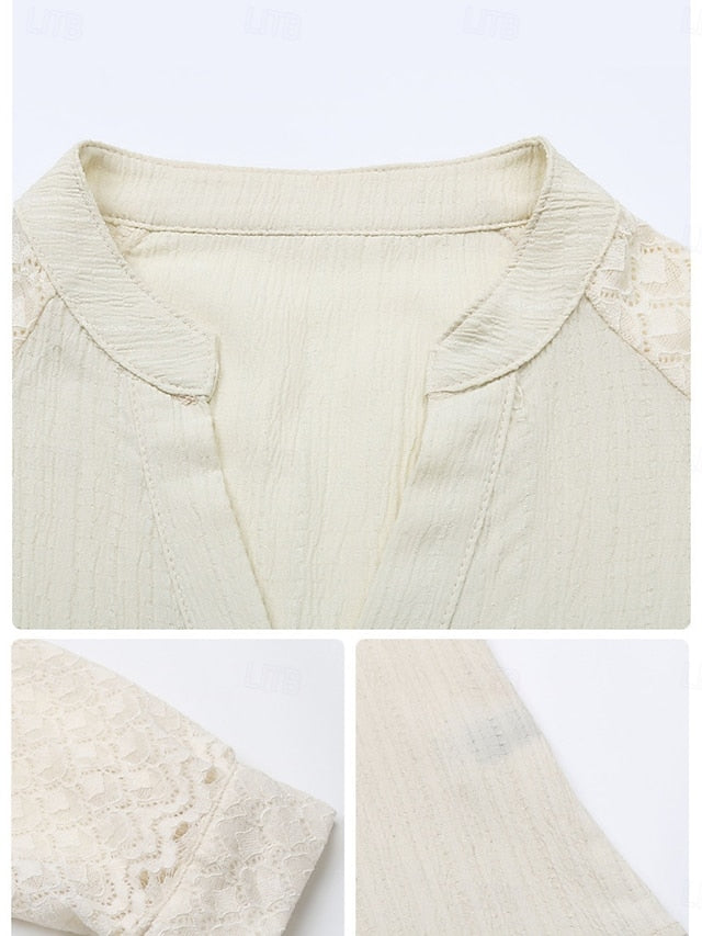 Women's Blouse Lace Buttons Solid Color Stylish Casual Long