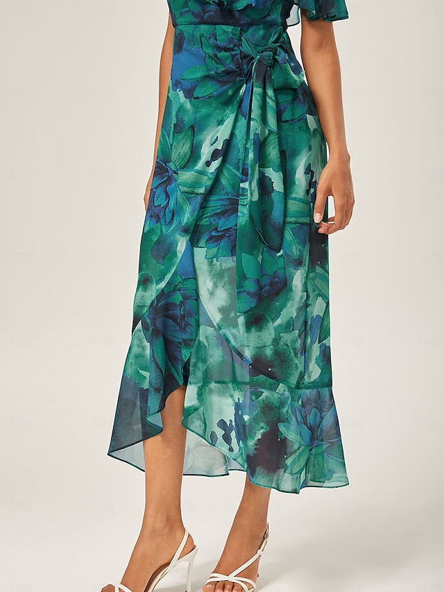 Chiffon Ruffled Tie-Front Midi Dress