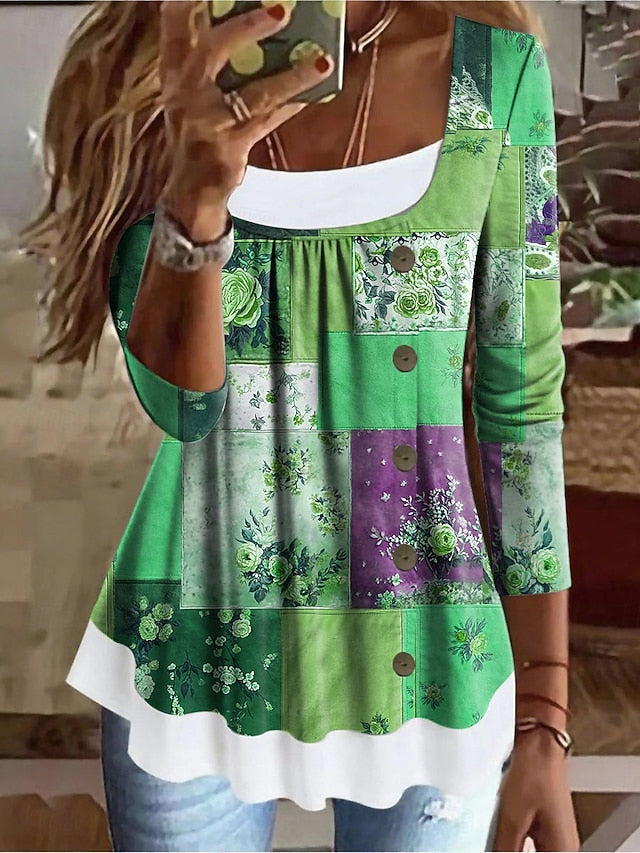 Women's T Shirt Patchwork Buttons Print Floral Graphic