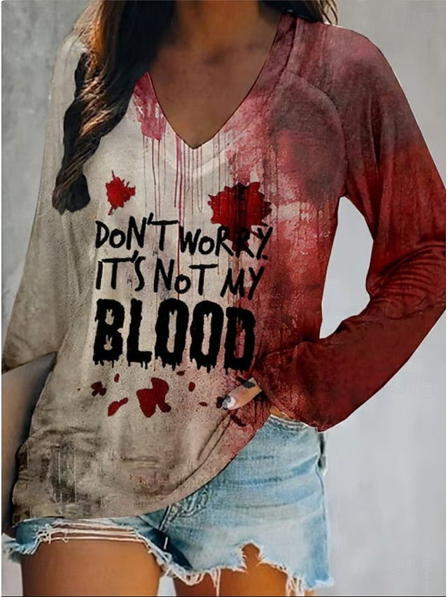Women's T Shirt Bloodstain V Neck Long Sleeve Graphic