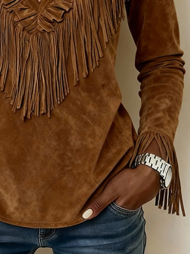 Women's Shirt Blouse Long Sleeve Tops Tassel Fringe Plain