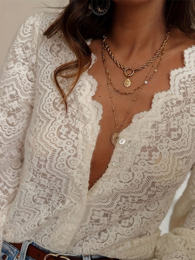 Women's Blouse Eyelet top Dressy Tops Lace Tops Ruched Lace