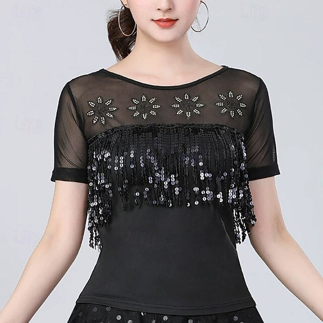 Latin Dance Top Tassel Pure Color Splicing Women's
