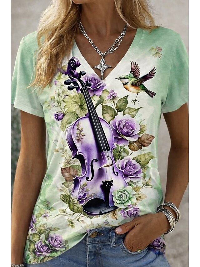 Women's T Shirt Print Floral Graphic Music Vintage Stylish