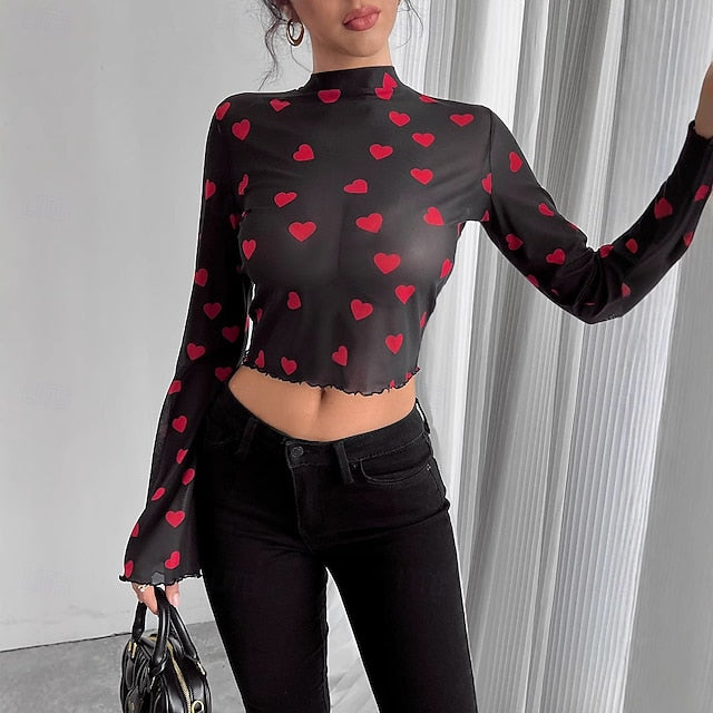 Women's Blouse Print Heart Daily Stylish Long Sleeve High