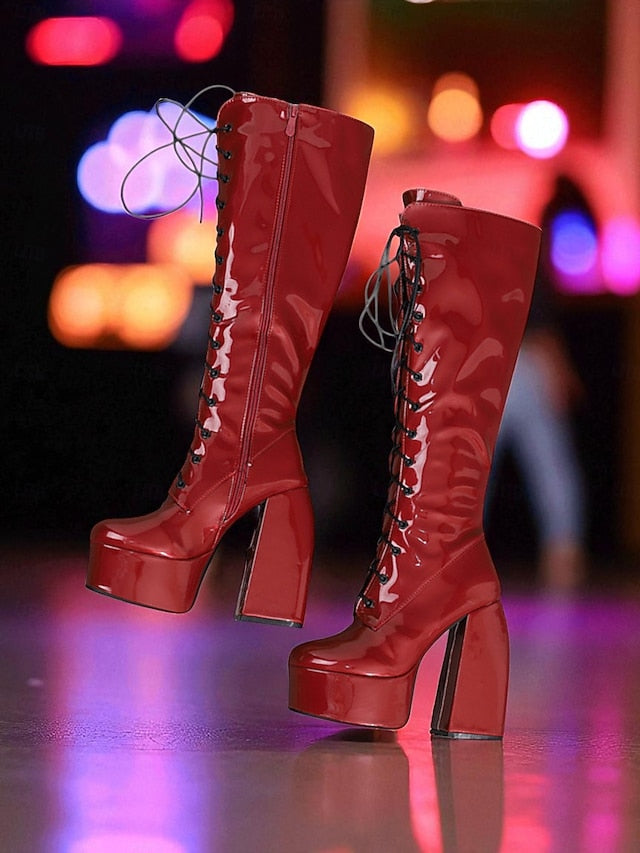 Platform Metallic High Knee Women's Silver Lace-Up - Boots