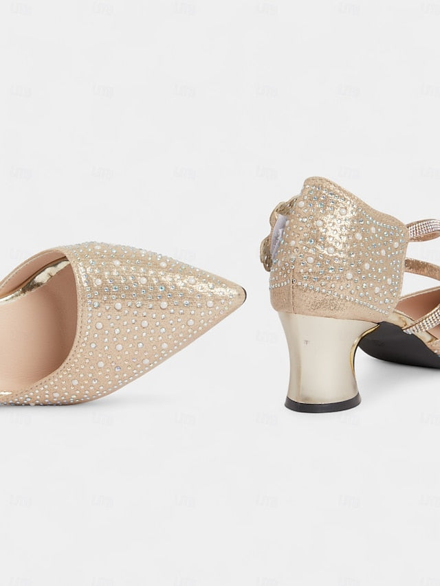 Toe Pointed Low Strap Women's Heel Ankle Rhinestone Glitter