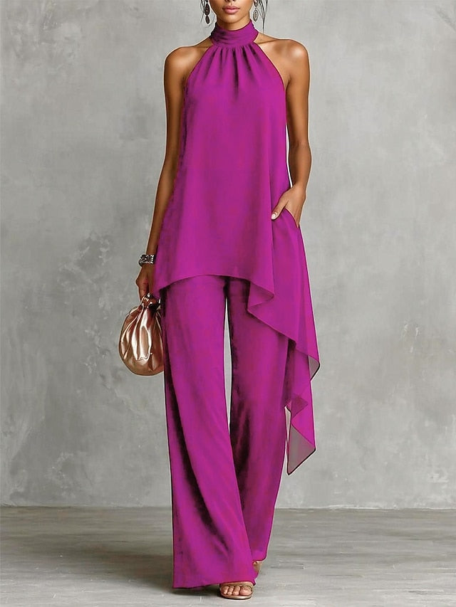Women's Chiffon Sleeveless Halter Neck Solid Color Elegant