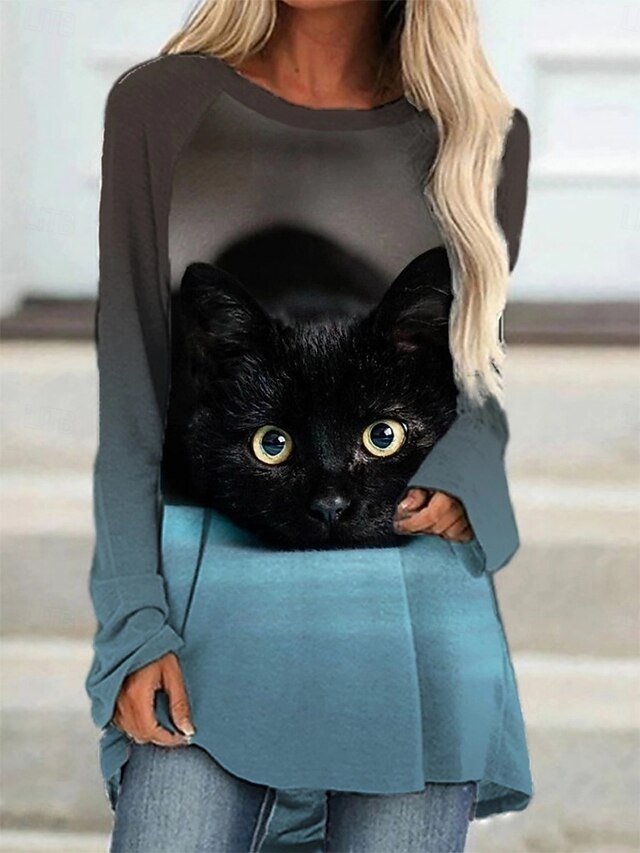 Women's T shirt Long Sleeve Graphic Animal Cat Vintage
