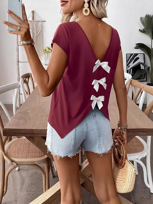 Women's T Shirt Tee Top Bow Plain Fashion Stylish Classic