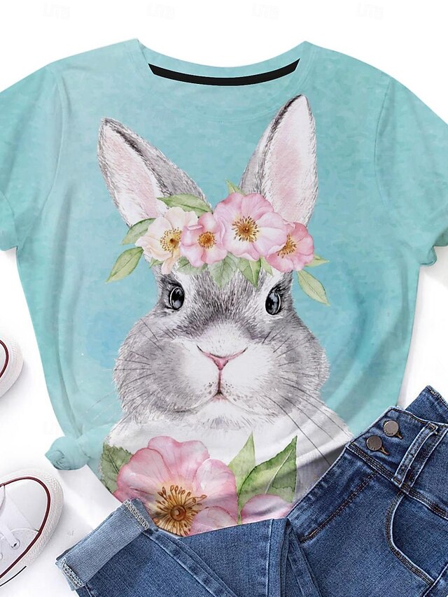 Women's Bunny Rose Crown T-shirt Blue Floral Crew Neck