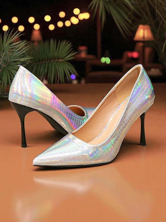with Pointed Heels Women's Glossy Stiletto Holographic Toe