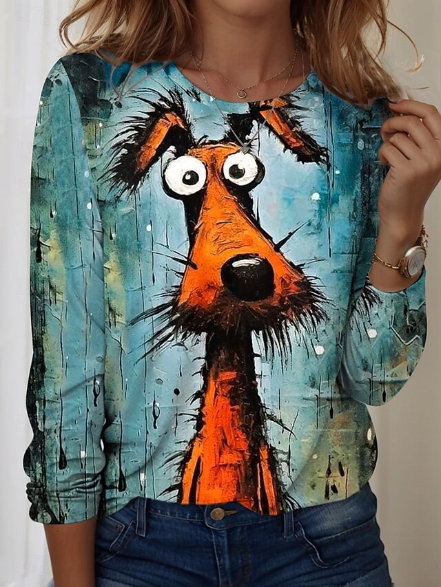 Women's T shirt Crew Neck Long Sleeve Tunic Graphic Animal