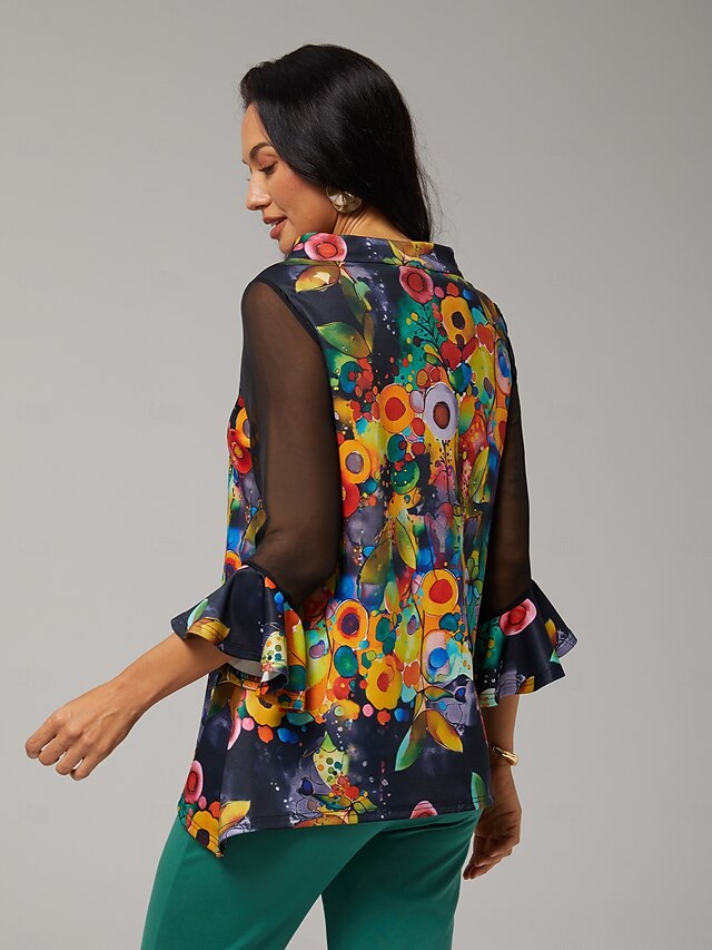 Women's Blouse Black Floral Print Stretch Chiffon Sleeves