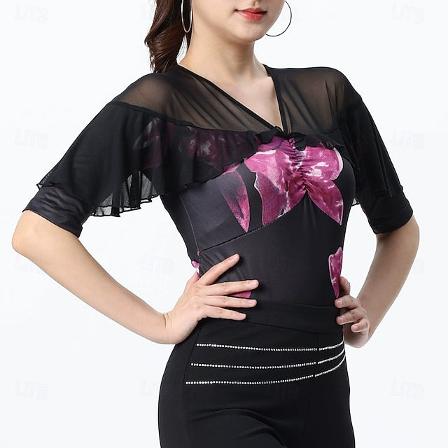 Latin Dance Top Printing Splicing Tulle Women's Performance