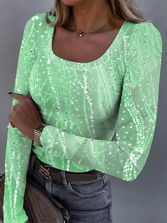 Women's T shirt Long Sleeve Ribbed Graphic Square Neck Long