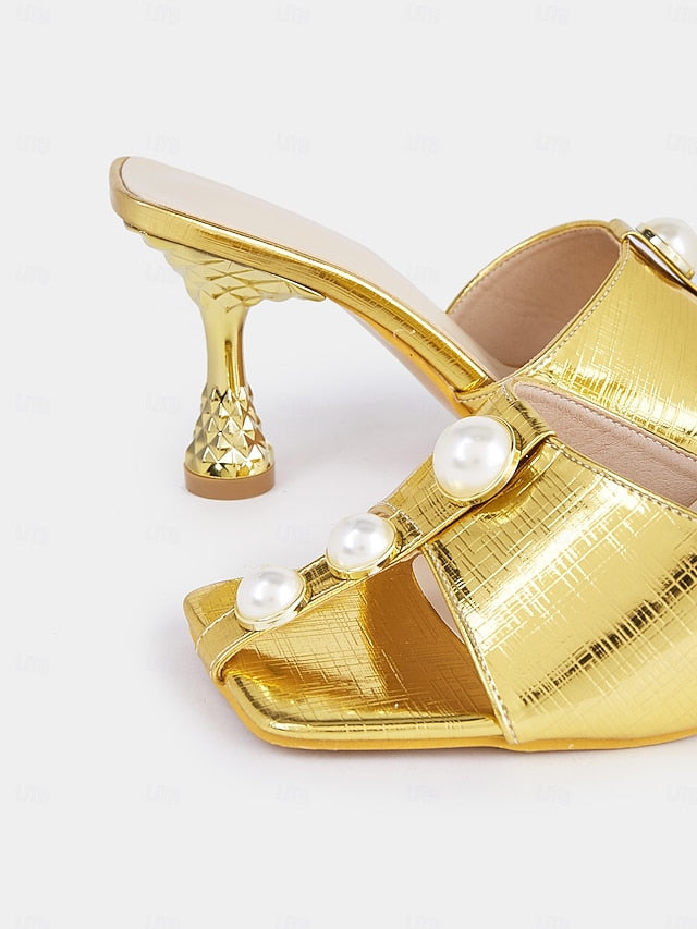 for Women Detailing with – Pearl Gold Open-Toe Elegant Mules