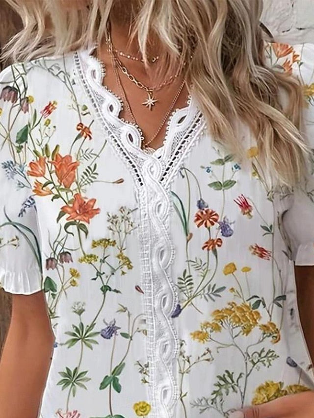 Women's Blouse V Neck White Elegant Lace Tops Eyelet Blouse