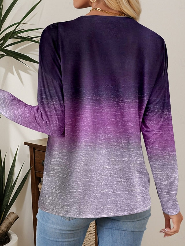 Women's Tunic T Shirt Ombre Stylish Casual Long Sleeve V