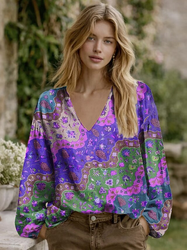 Women's Blouse Patchwork Buttons Print Graphic Geometric