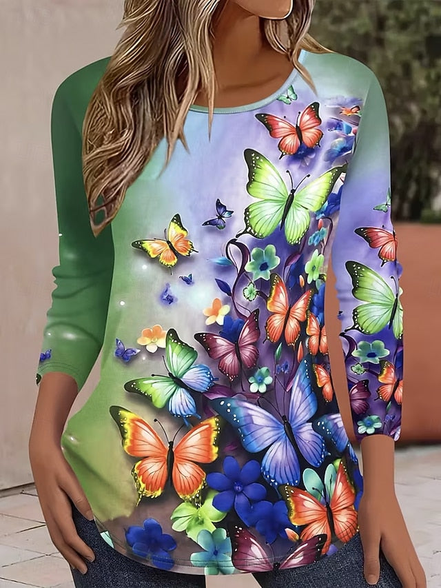 Women's T Shirt Print Ombre Graphic Butterfly Vintage