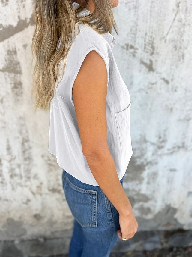 Women's Tank Top Sleeveless Shirt Pocket Buttons Plain