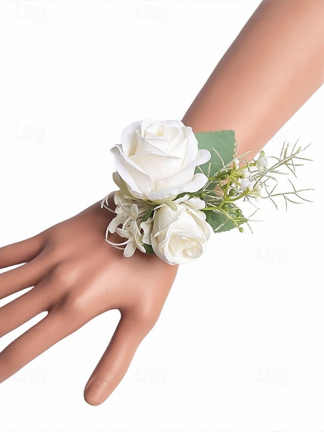 Set Corsage and Boutonniere – Wrist Elegant White Rose
