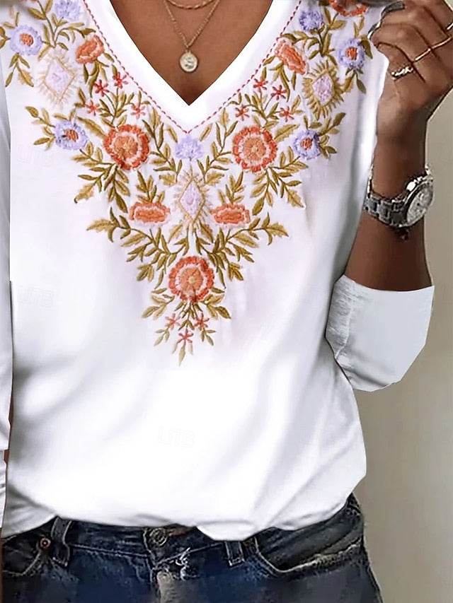 Women's T Shirt Embroidered Print Floral Graphic Plants