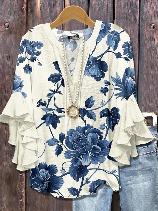 Women's Retro Blouse Layered Ruffle Sleeve Tops Vintage