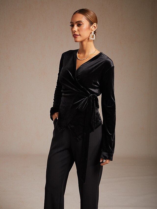 Women's Velvet Wrap Tops Dressy Tops Tie Front Solid Color