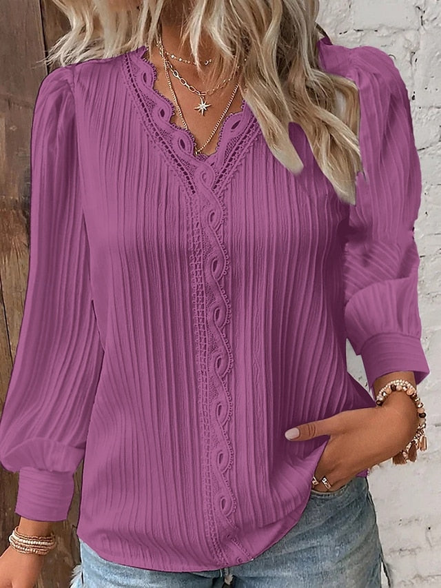 Women's Lace Shirt Solid Color Elegant Stylish Basic Long