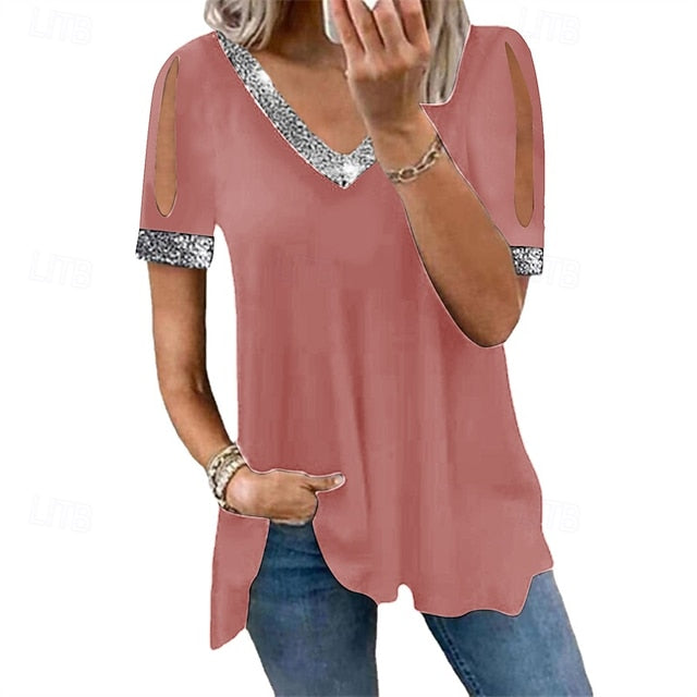 Women's Blouse Dressy Tops Ruched Sequins Patchwork Plain