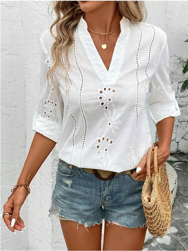 Women's Summer Tops Blouse Eyelet top Ruched Patchwork