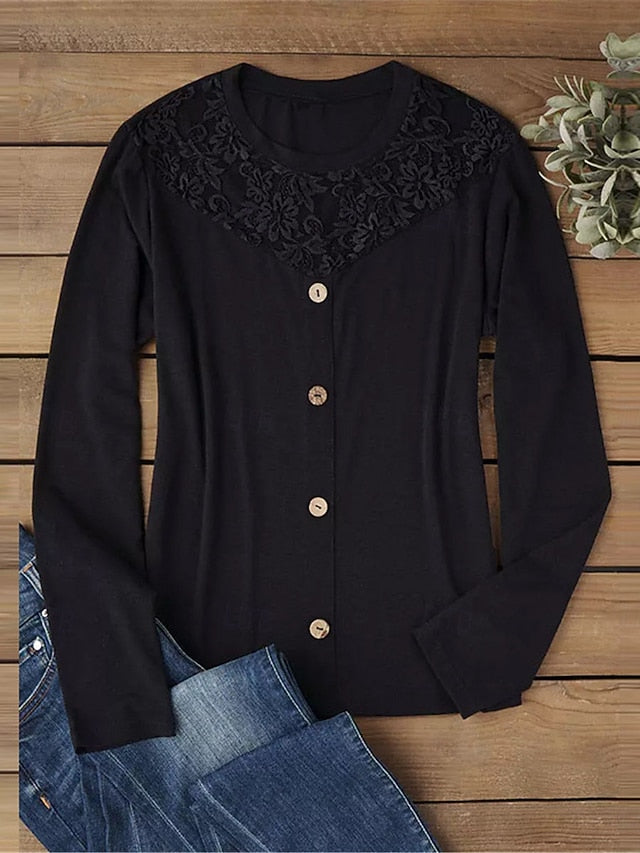 Women's Elegant Lace Tops Eyelet Sexy Blouse Casual Solid