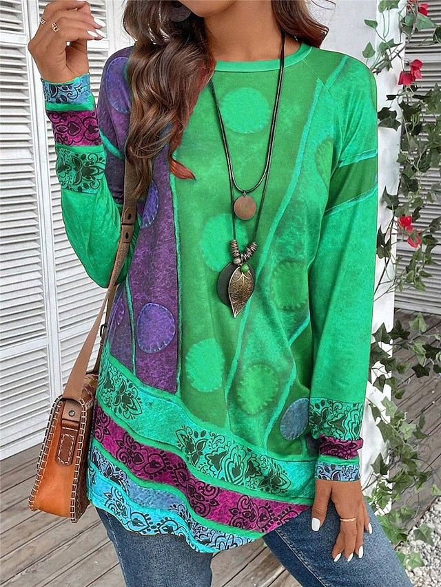Women's T shirt Long Sleeve Vintage Ethnic Casual Print