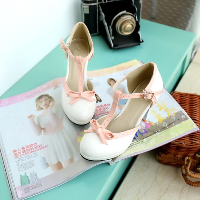 White High Leather Women's Patent Black with Heels T-Strap