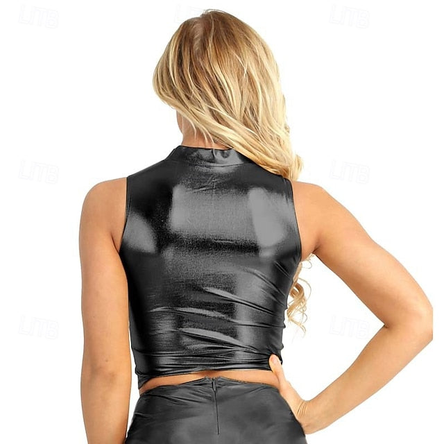 Retro Vintage 1980s Rave Crop Top Disco Shiny Latex Patent